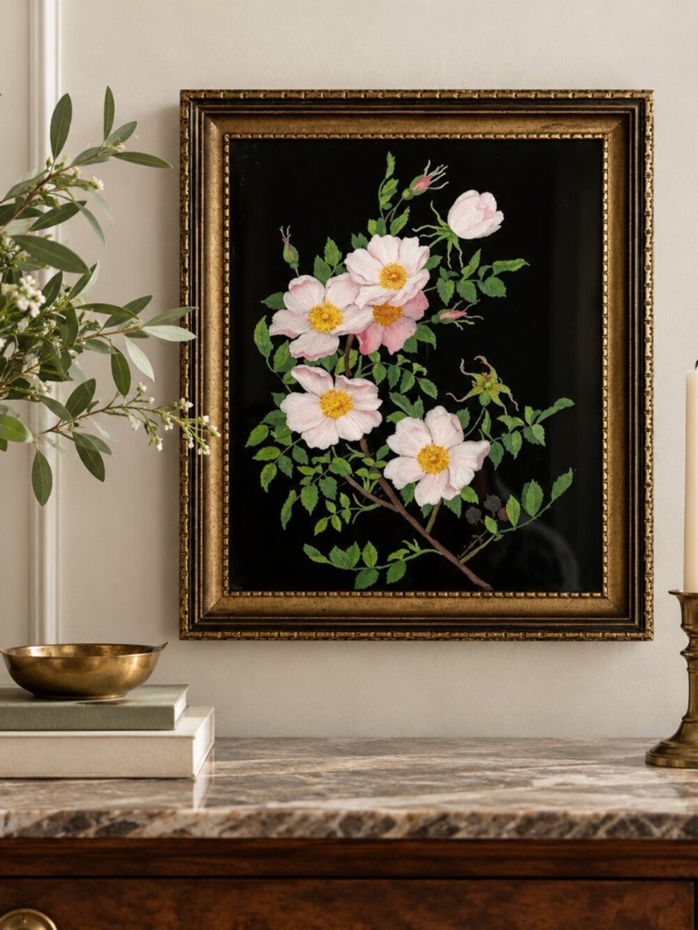 Vintage 1940 Floral Painting on Glass